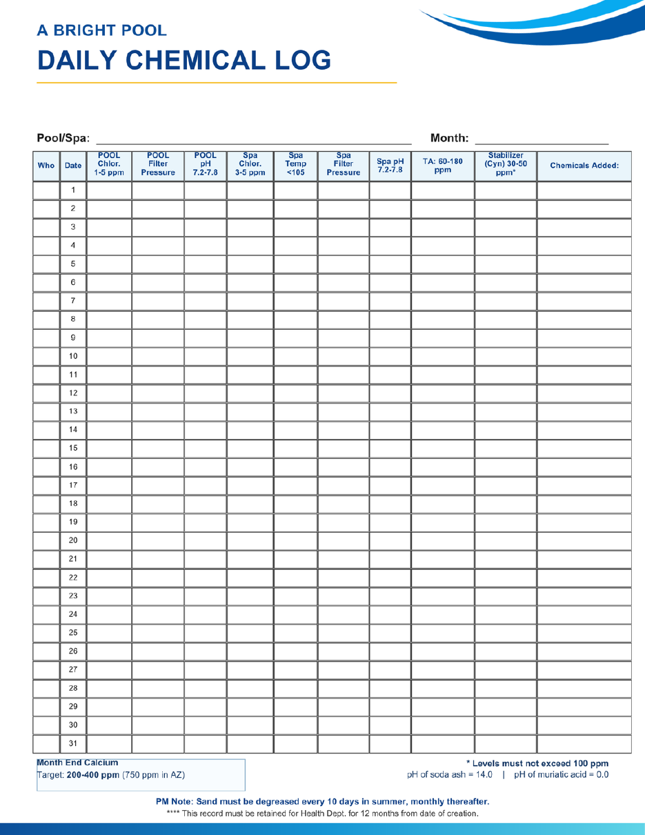A Bright Pool daily chemical log sheet